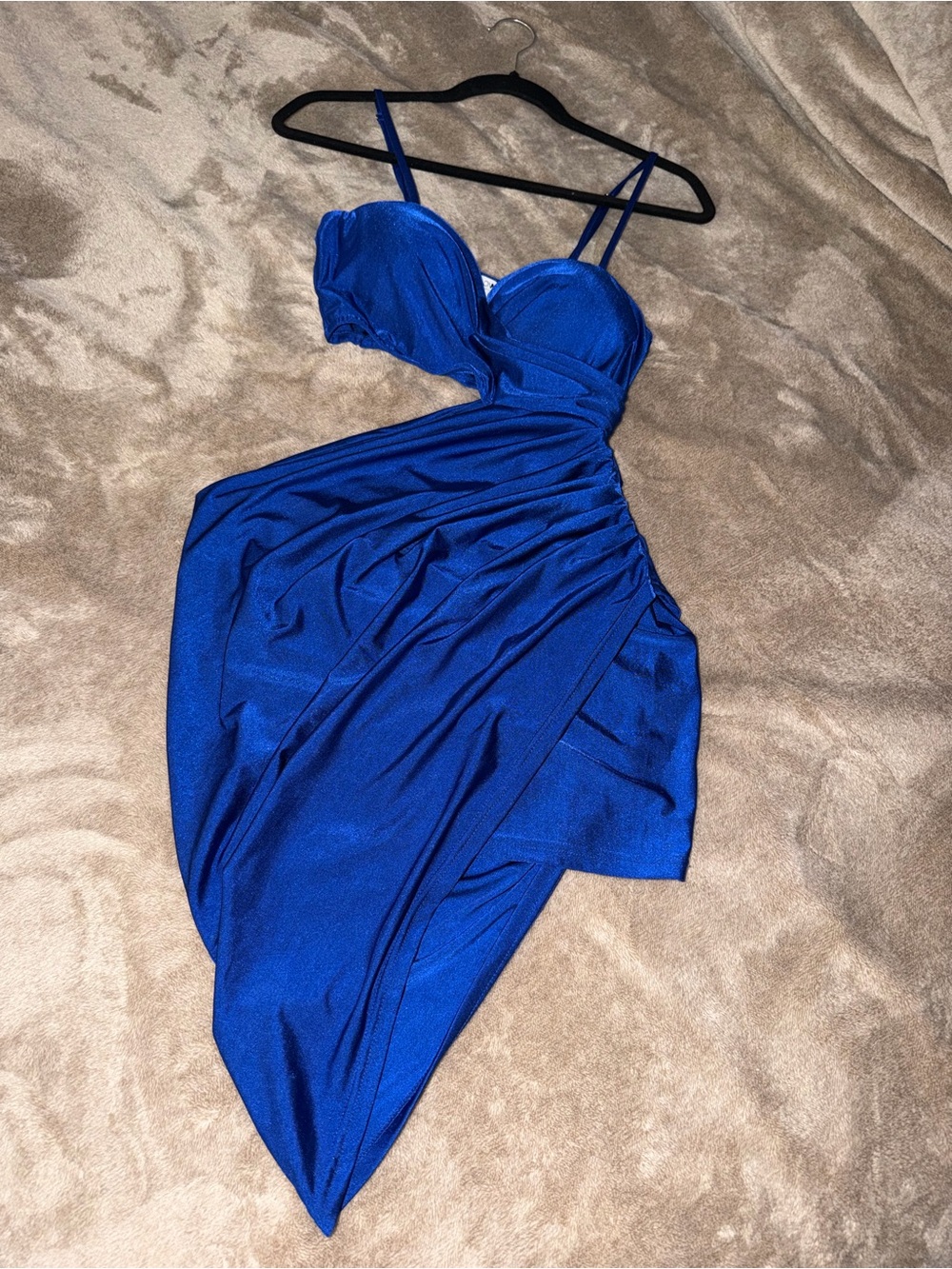 Fashion Nova Royal Blue Asymmetrical Ruched Midi Dress